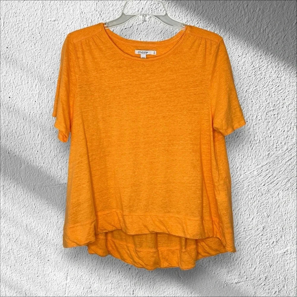 Chicos 100% Linen Orange tiered Back short sleeve Blouse Top size 2 (Large) - Picture 1 of 10